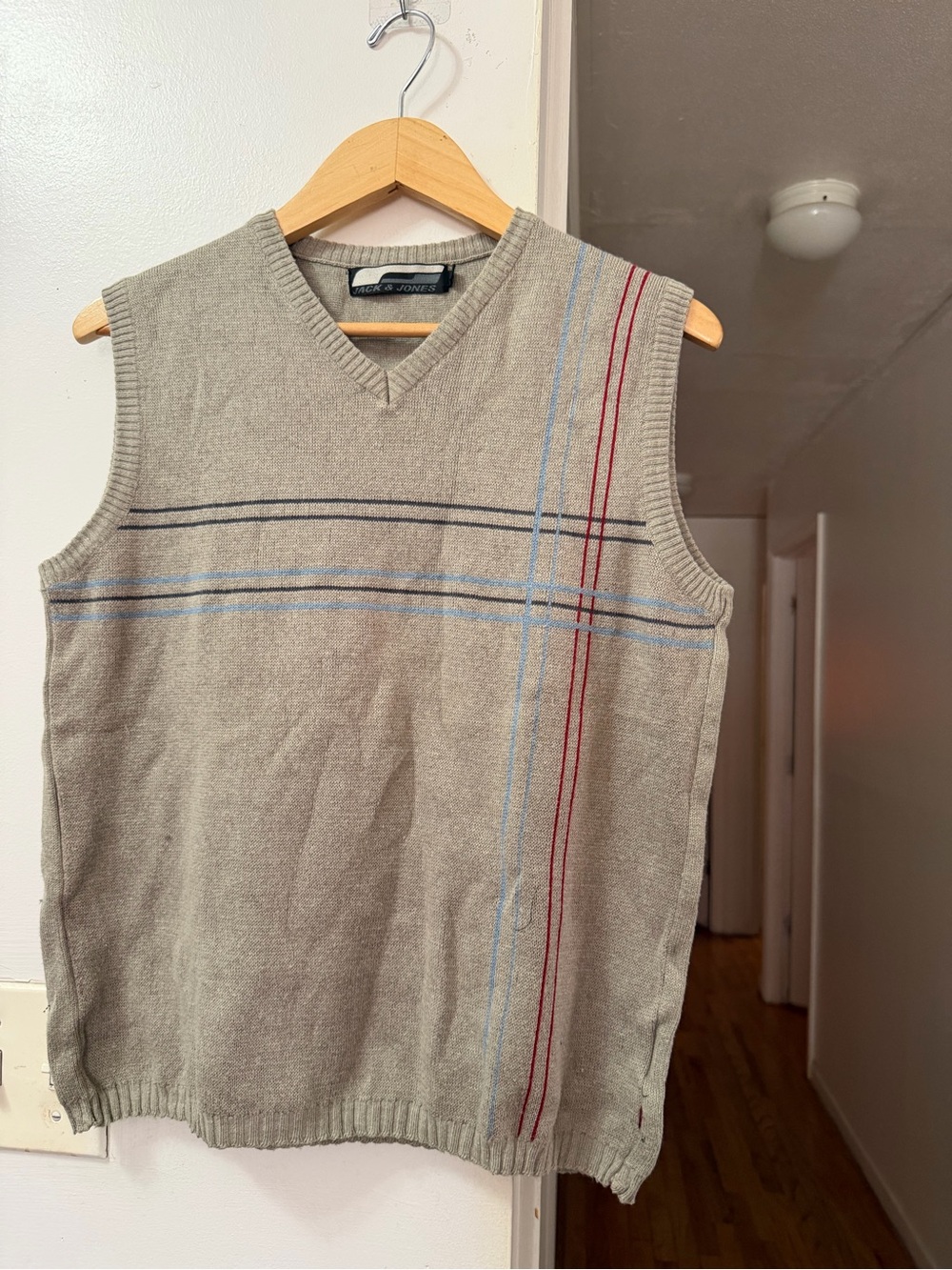 Jack & Jones Beige V-Neck Sweater Vest with Blue and Red Stripes